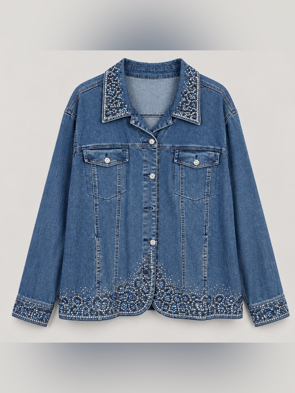 Quacker Factory Blue Denim Jacket with Pearl & Bead Embellishment